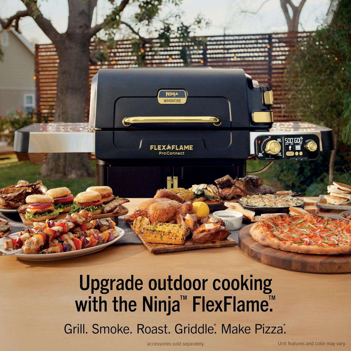 Ninja FlexFlame ProConnect Grill & Smoker, 5-in-1, Black/Gold, PG305 | Ninja FlexFlame ProConnect smokes & griddles with 200-600°F precision, synced to your phone for real-time cook alerts.