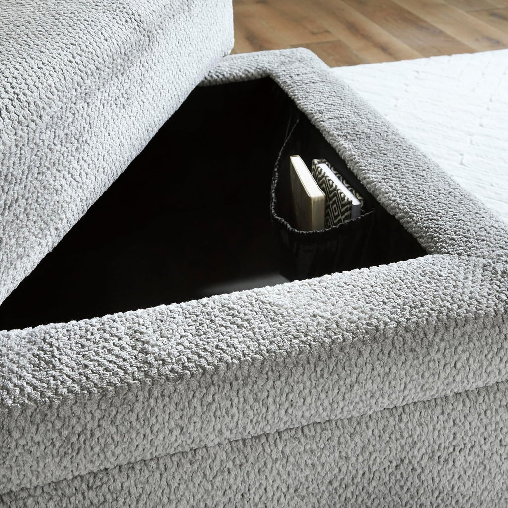 Signature Design by Ashley Square Ottoman with Storage and Cup Holders | Cement gray 100% polyester velvet, No assembly required, Faux wood legs, Casselbury Series