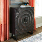 Signature Design by Ashley Fosterman Tall Sunburst Accent Cabinet, Black | Carved sunburst doors, Solid and engineered wood, 15-minute easy assembly, Storage credenza