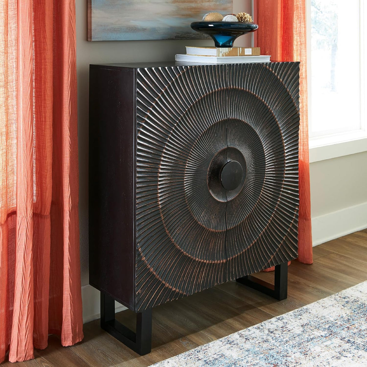 Signature Design by Ashley Fosterman Tall Sunburst Accent Cabinet, Black | Carved sunburst doors, Solid and engineered wood, 15-minute easy assembly, Storage credenza