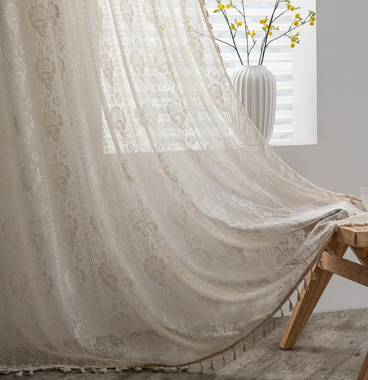 Sutuo Home Boho Curtain Crochet Lace Semi-Sheer Florals Hollow Knitted Handmade Tassels, Rod Pocket Window Treatment Vintage Rustic Farmhouse Drapes for Living Bedroom, 1 Panel 59" W x 84" L, Beige