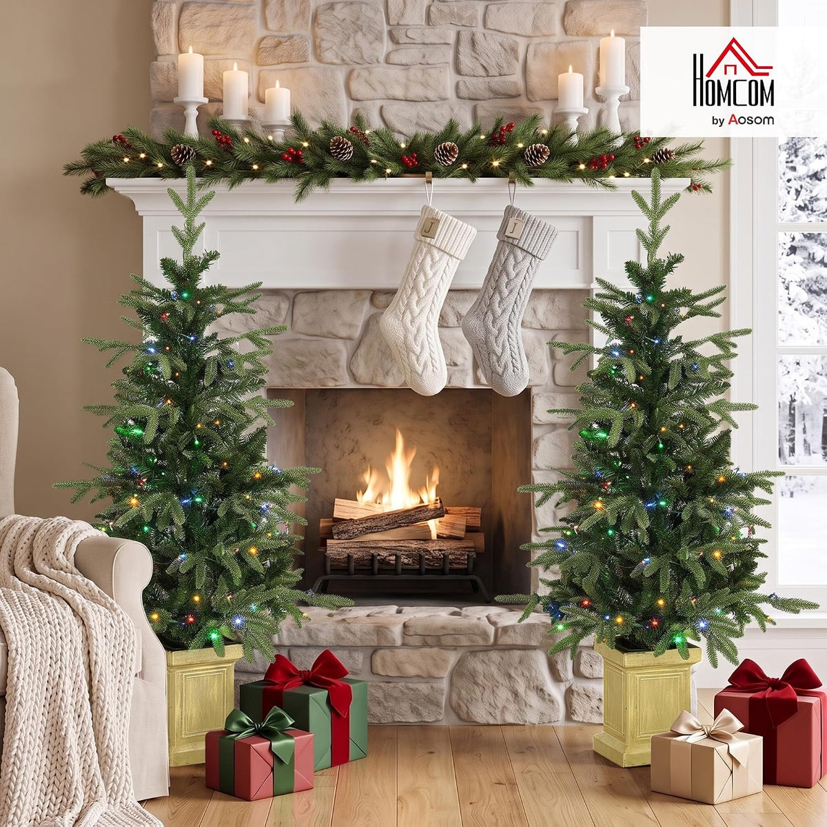 HOMCOM Set of 2 Prelit Christmas Trees with Dual-Colour Lights, Remote, 4ft