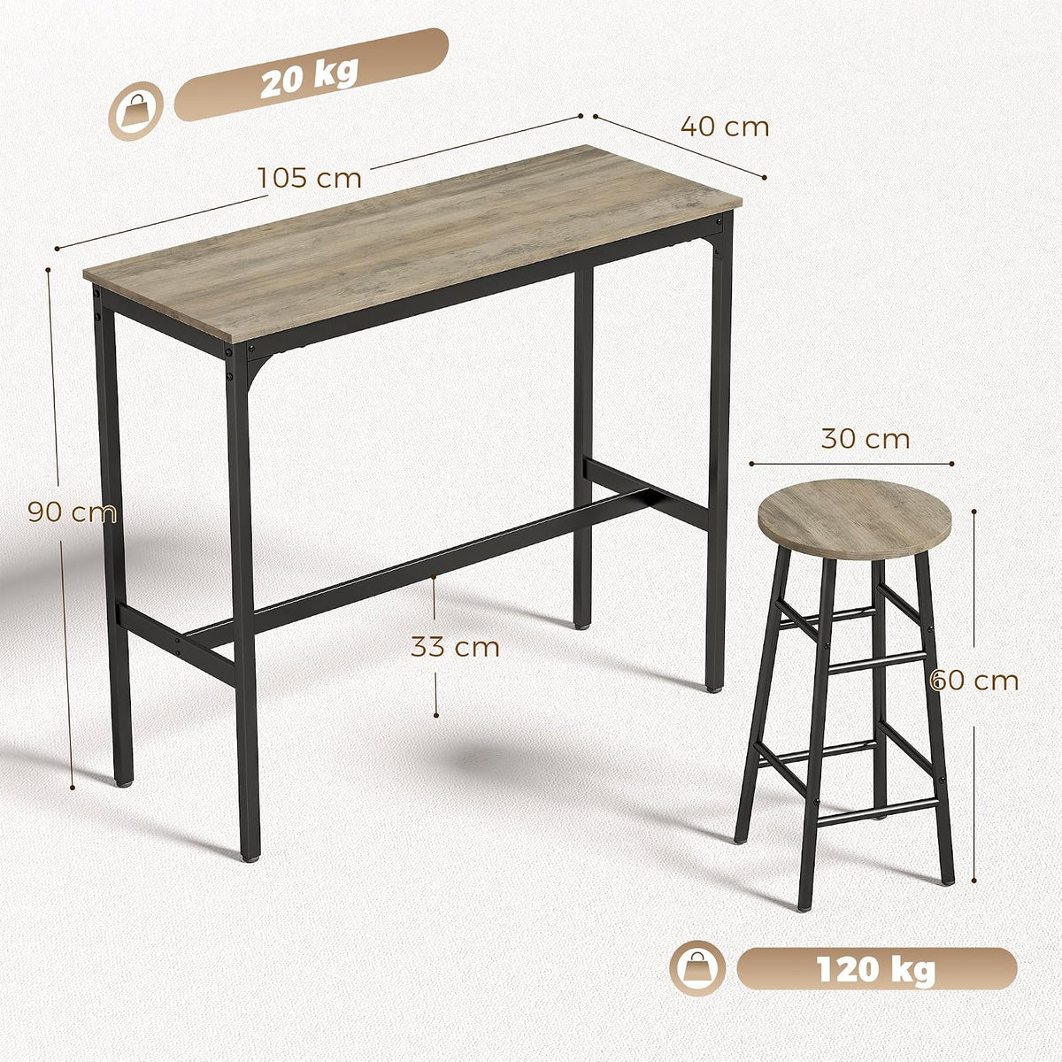 HOMCOM 5 Piece Bar Table Set w/ 4 Stools for Small Space, Grey Wood Effect