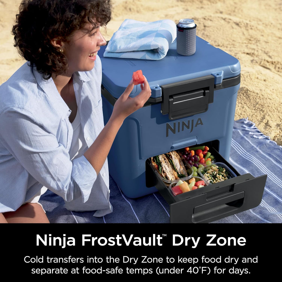 Ninja FrostVault 30qt Cooler with Wheels, Dry Storage, Lakeshore Blue | Ninja FrostVault's 30-qt capacity holds 48 cans, keeps food cool & dry, and rolls easily on all-terrain wheels