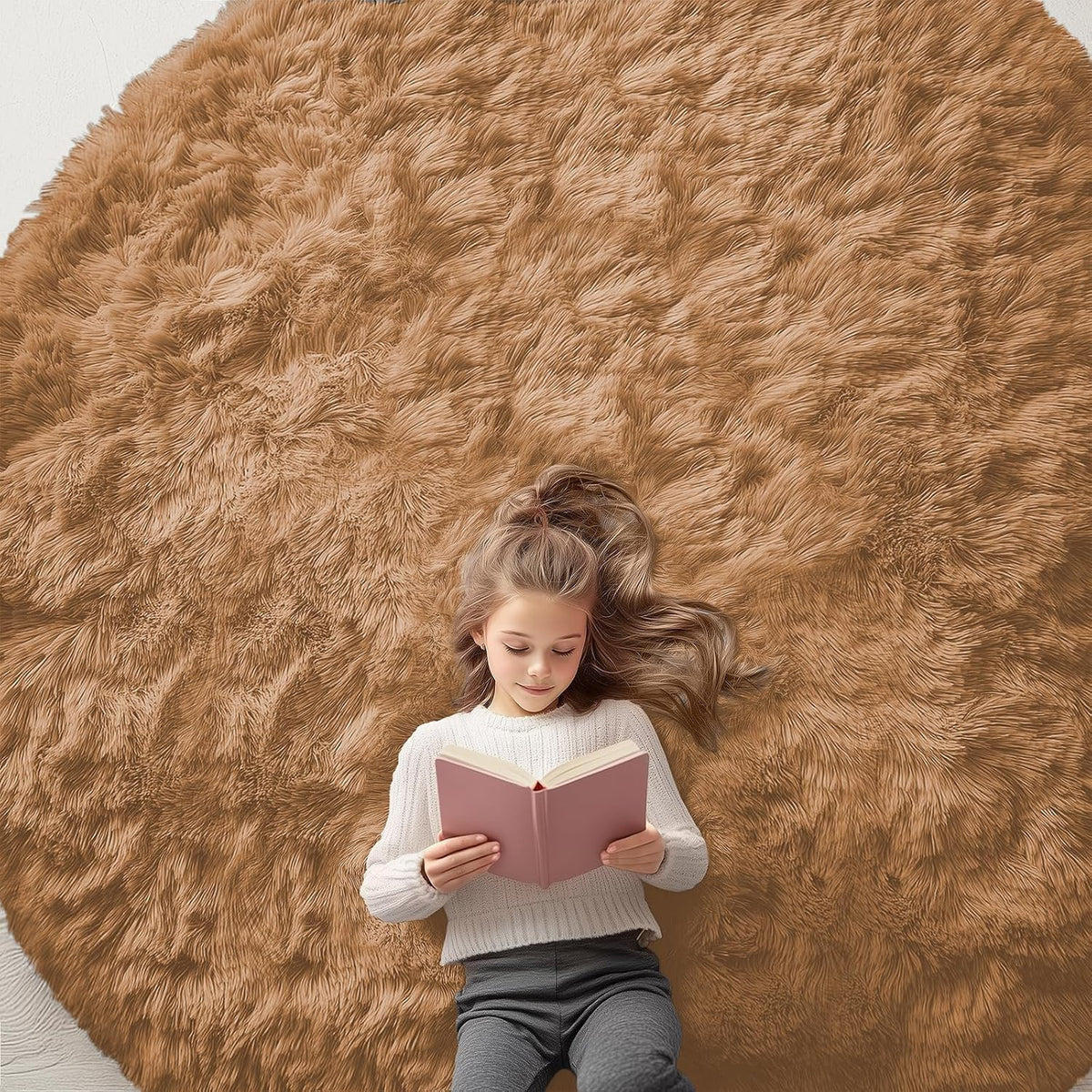 OLANLY Beige Round Rugs for Bedroom - Machine Washable, 4 ft Circle Area Rugs for Living Room, Soft and Fluffy Shaggy Carpet for Teen Girls and Boys, Nursery Rooms, Dorms, Home Decor Aesthetic