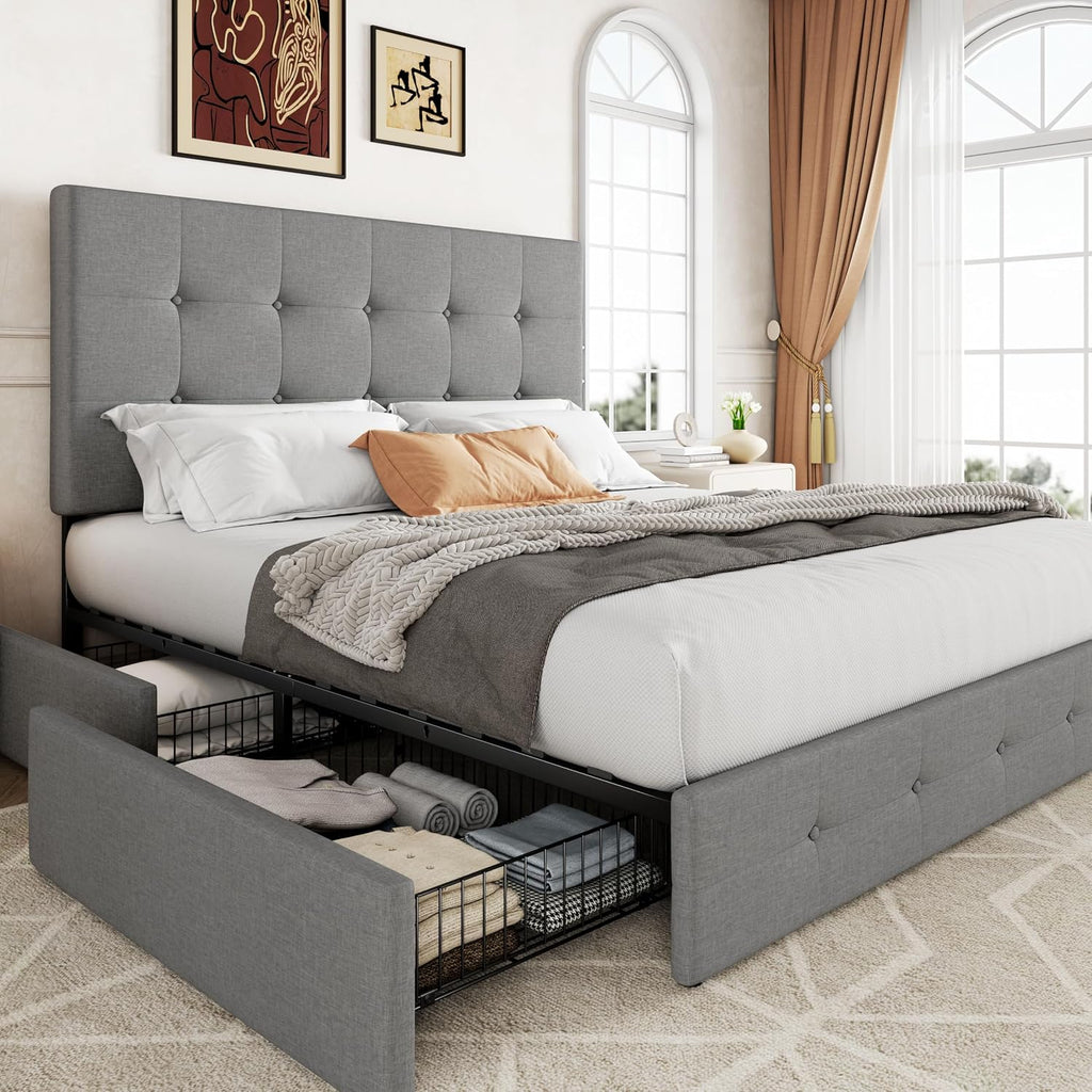 Allewie Queen Size Storage Bed Frame with 4 Underbed Drawers, Upholstered Platform Bed with Adjustable Headboard, Square Button Tufted, Easy Assembly, Noise-Free, No Box Spring Needed, Light Grey