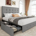 Allewie Queen Size Storage Bed Frame with 4 Underbed Drawers, Upholstered Platform Bed with Adjustable Headboard, Square Button Tufted, Easy Assembly, Noise-Free, No Box Spring Needed, Light Grey