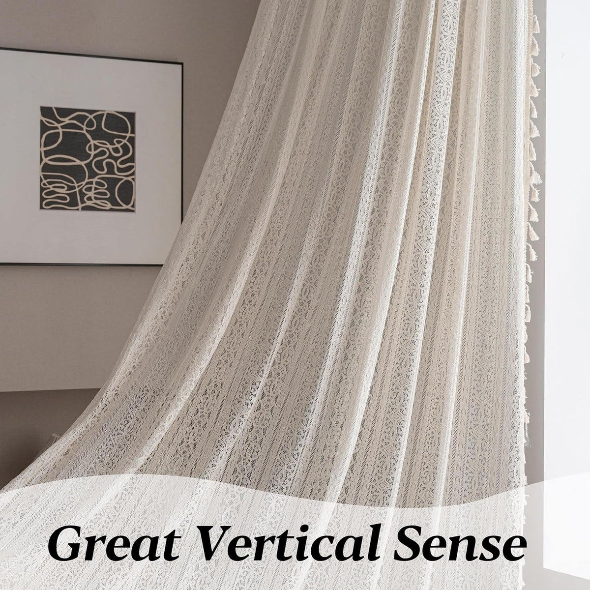 Sutuo Home Boho Curtain Crochet Lace Semi-Sheer Florals Hollow Knitted Handmade Tassels, Rod Pocket Window Treatment Vintage Rustic Farmhouse Drapes for Living Bedroom, 1 Panel 59" W x 84" L, Beige