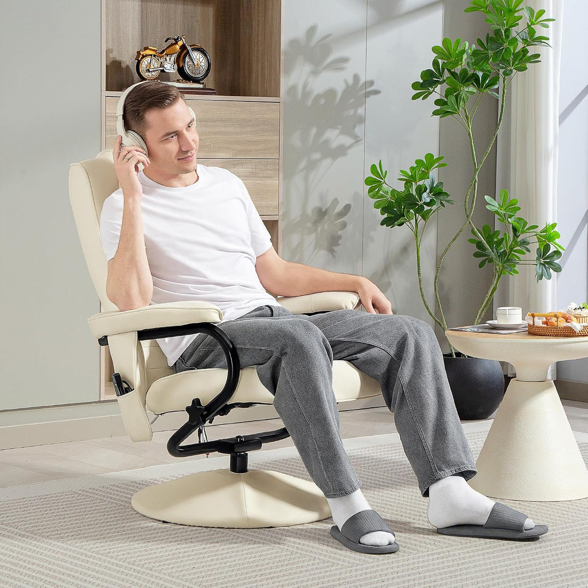 HOMCOM Swivel Recliner Chair and Footstool, Massage Recliner, Cream White