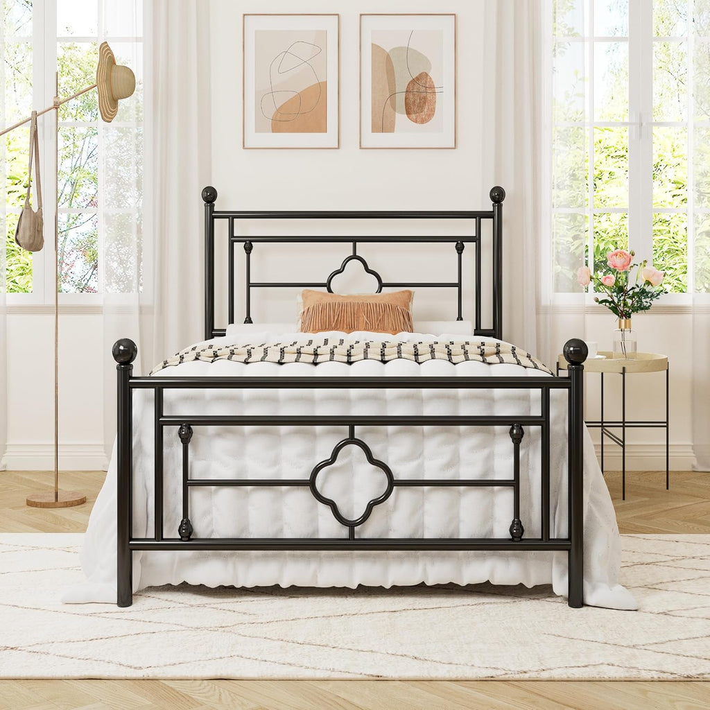 Allewie Twin Size Metal Platform Bed Frame, Victorian Headboard, Black