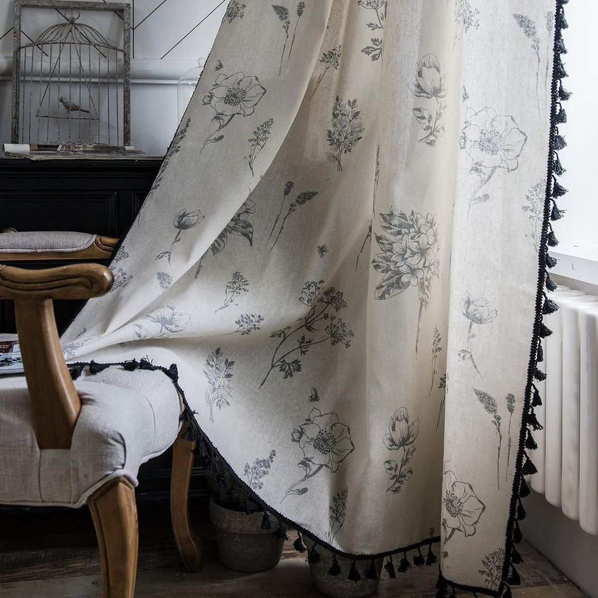 Sutuo Home Boho Curtain Crochet Lace Semi-Sheer Florals Hollow Knitted Handmade Tassels, Rod Pocket Window Treatment Vintage Rustic Farmhouse Drapes for Living Bedroom, 1 Panel 59" W x 84" L, Beige