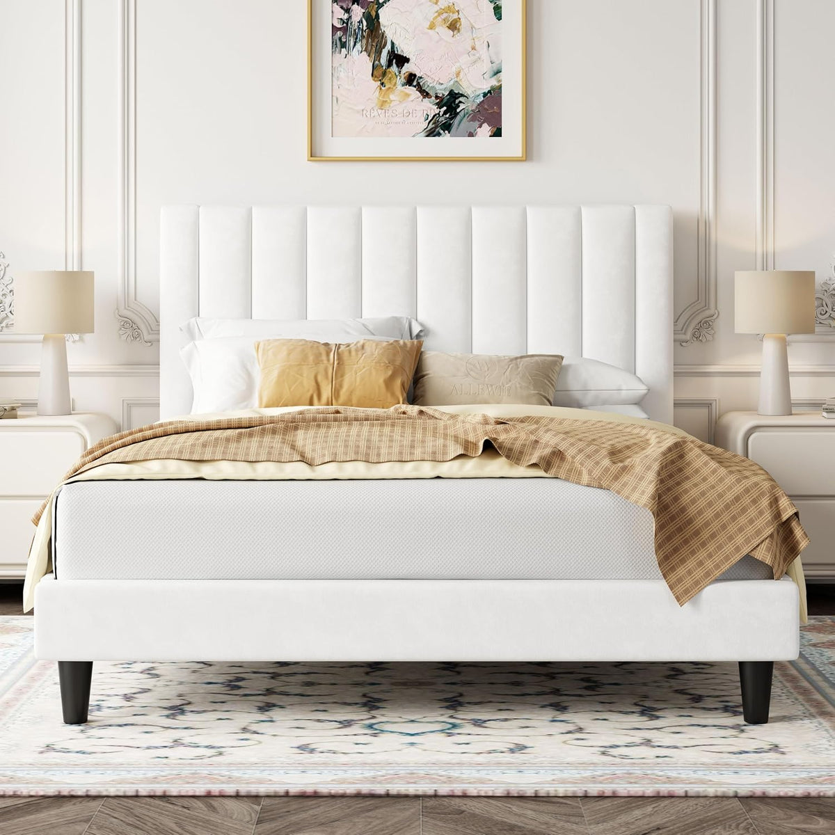 Allewie Queen Bed Frame/Velvet Upholstered Bed Frame with Vertical Channel Tufted Headboard/Strong Wooden Slats/Platform Bed Frame/Mattress Foundation/Box Spring Optional/Easy Assembly/White