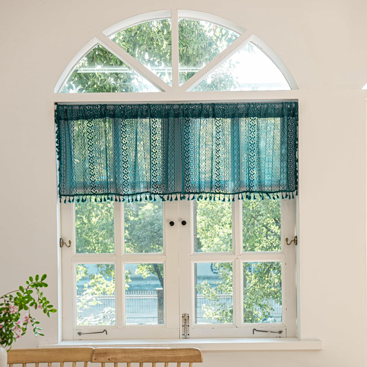 Sutuo Home Boho Curtain Crochet Lace Semi-Sheer Florals Hollow Knitted Handmade Tassels, Rod Pocket Window Treatment Vintage Rustic Farmhouse Drapes for Living Bedroom, 1 Panel 59" W x 84" L, Beige