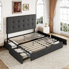 Allewie Queen Size Storage Bed Frame with 4 Underbed Drawers, Upholstered Platform Bed with Adjustable Headboard, Square Button Tufted, Easy Assembly, Noise-Free, No Box Spring Needed, Dark Grey