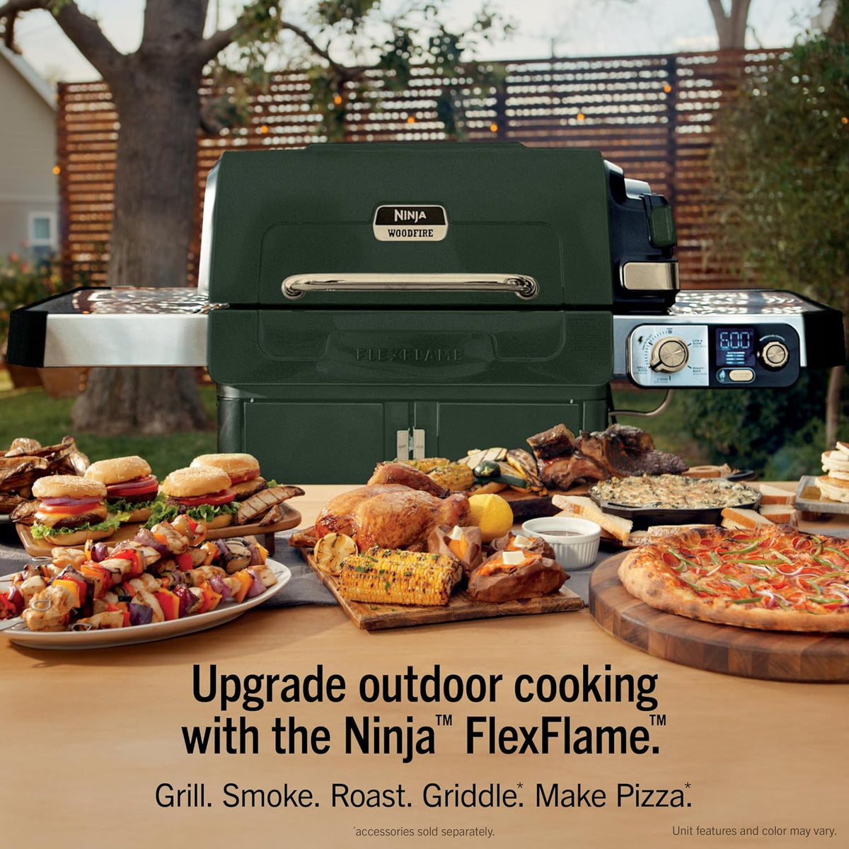 Ninja FlexFlame Grill & Smoker, Electric & Propane, 5-in-1, Green, PG301GN | Ninja FlexFlame is a 5-in-1 grill, smoker & griddle with precise 200-600°F control, fitting 3 chickens or 4 rib racks