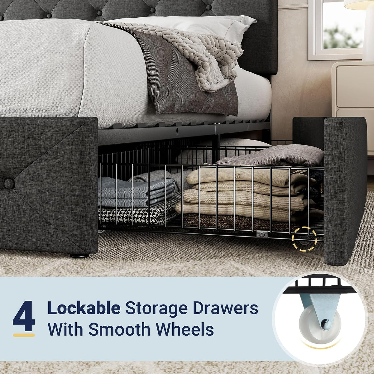 Allewie Queen Size Storage Bed Frame with 4 Underbed Drawers, Upholstered Platform Bed with Adjustable Headboard, Diamond Button Tufted, Easy Assembly, Noise-Free, No Box Spring Needed, Dark Grey
