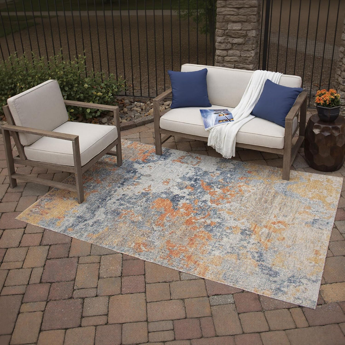 Signature Design by Ashley Wraylen 8 x 10 Low Pile Boho Abstract Rug, Orange & Blue