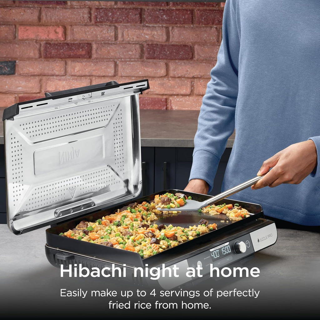 Ninja® Sizzle™ Pro XL 20'' Indoor Griddle & Grill, Silver, GX101 | 40% larger cooking surface, ProTemp IQ edge-to-edge heat, ceramic nonstick plates, detachable ventilated lid, grease control.