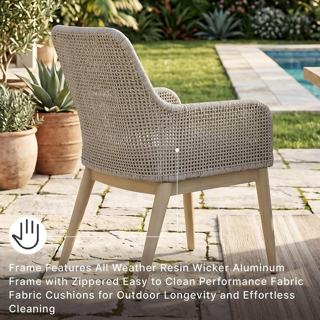 Signature Design by Ashley Seton Creek Cottage Nuvella Weather Resistant Fabric Outdoor Dining Arm Chair with Cushion, Set of 2, Light Brown & Light Gray