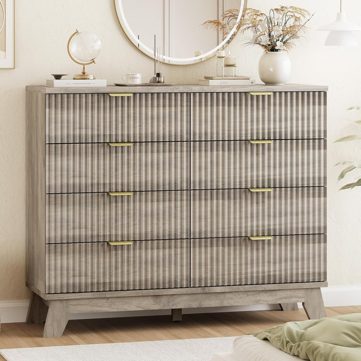 Xixini Fluted Dresser for Bedroom with 9 Drawers, 57" Wide Modern Chest of Drawers with Metal Handle, Wooden Dresser TV Stand, Wood Closet Clothes Storage Organizer for Living Room, Hallway, Walnut