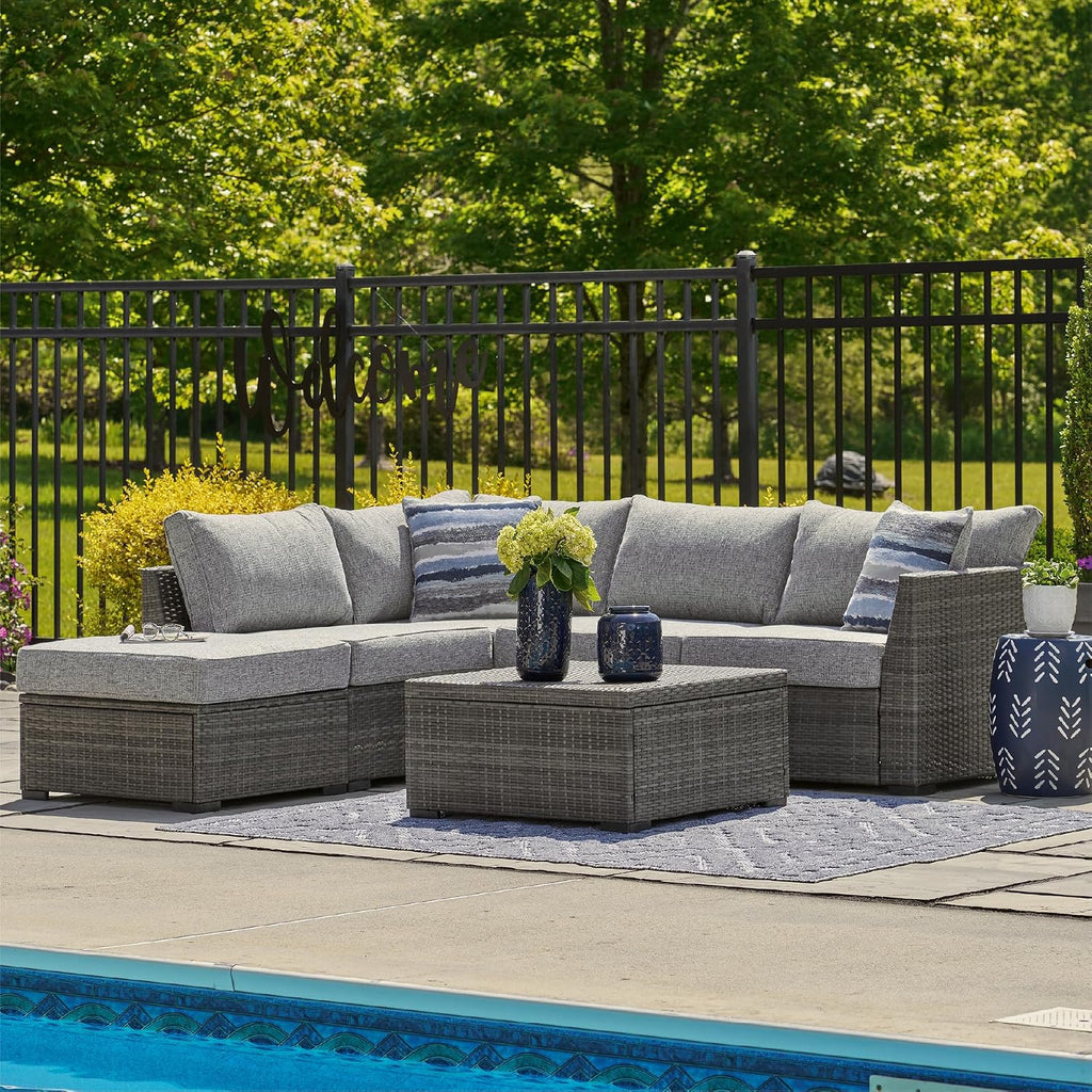 Signature Design by Ashley Petal Road 4-Piece Outdoor Patio Furniture Set, Modular Loveseat Sectional with Storage Table, Rust-Free Aluminum and Resin Wicker, Ideal for Backyard Seating, Gray