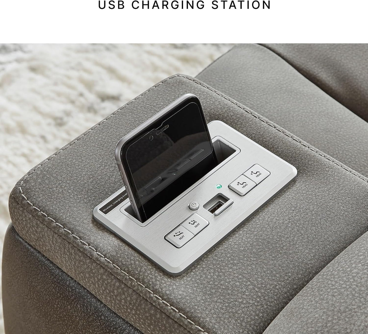 Signature Design by Ashley Power Reclining Loveseat with Console, Gray | Water-resistant faux leather, Zero-gravity recline, Easy View adjustable headrest, Wireless charging, Next-Gen Durapella