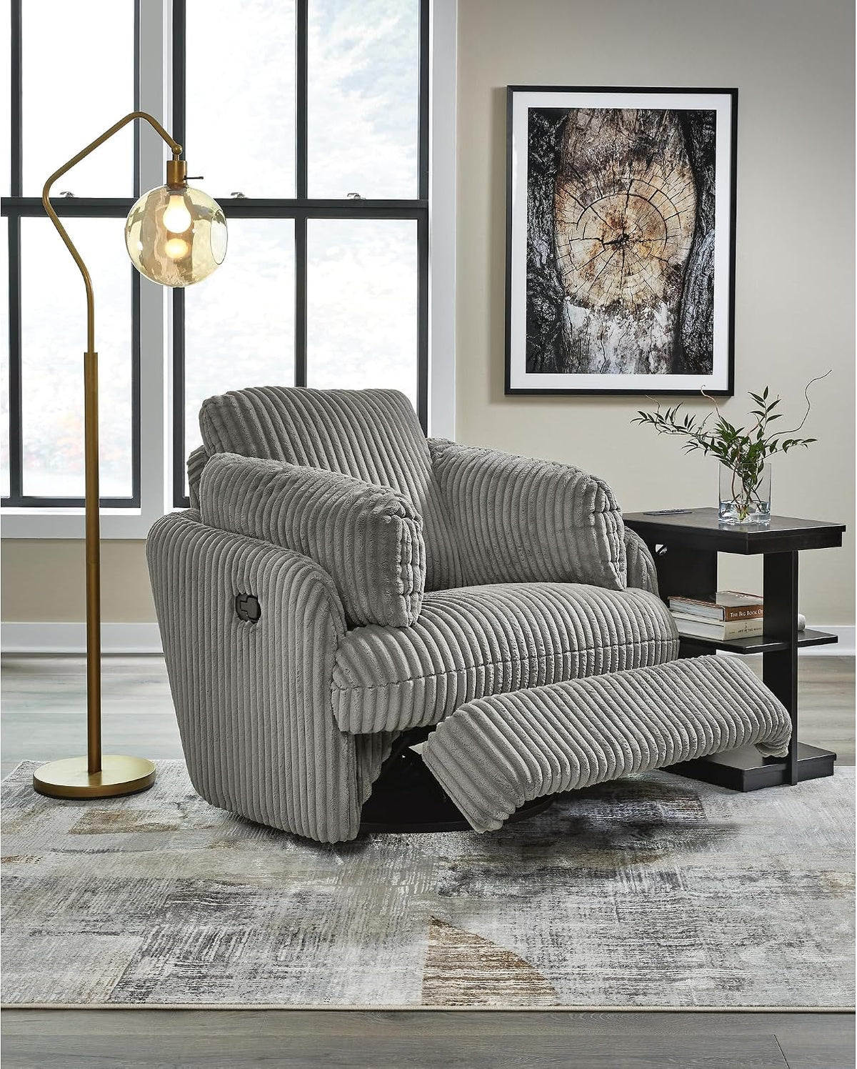 Signature Design by Ashley Tie-Breaker Swivel Glider Recliner, 2 Bolster Pillows, Hidden Storage, Fabric Upholstery, 41.38" W x 40.25" D x 39.75" H, Light Gray