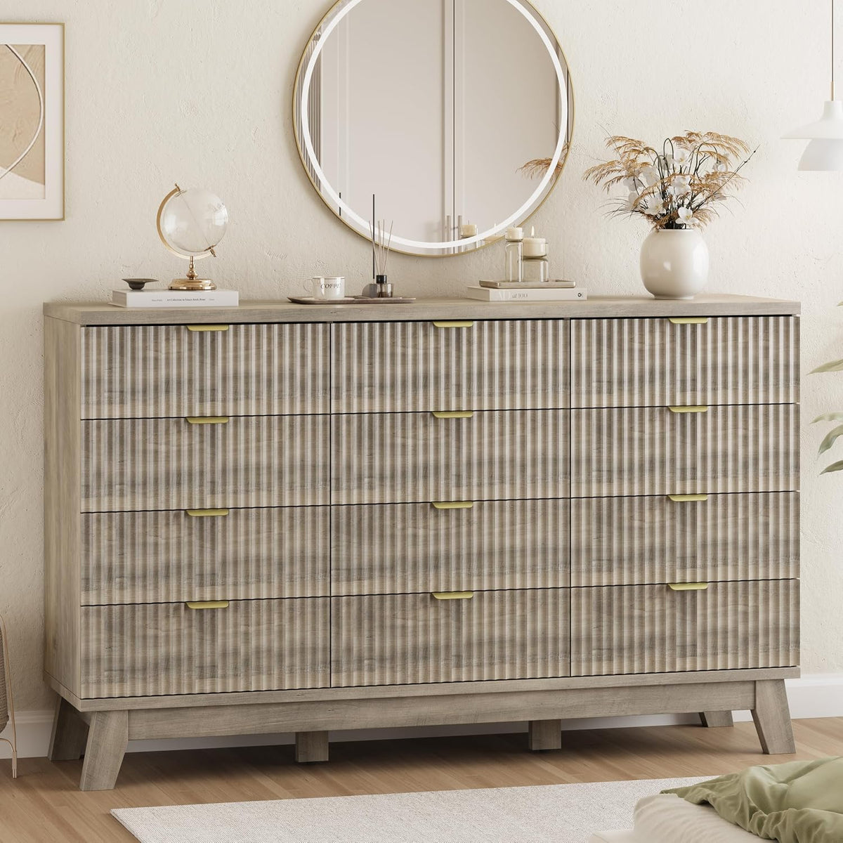 Xixini Fluted Dresser for Bedroom with 9 Drawers, 57" Wide Modern Chest of Drawers with Metal Handle, Wooden Dresser TV Stand, Wood Closet Clothes Storage Organizer for Living Room, Hallway, Walnut