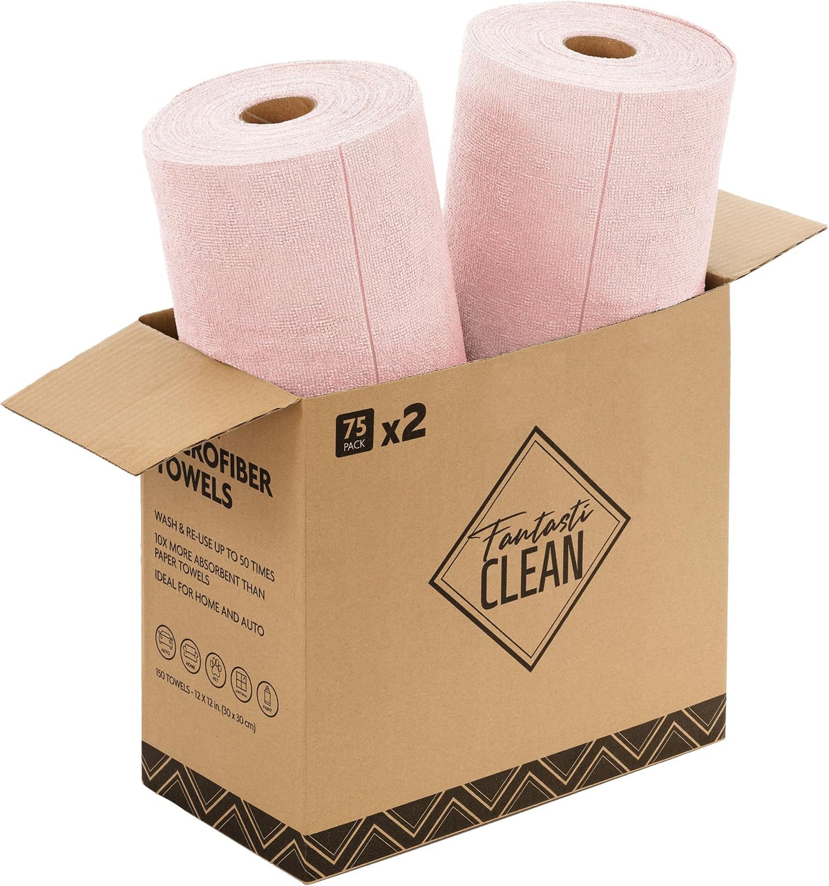 Fantasticlean Microfiber Cleaning Cloth Roll -75 Pack, 12" x 12" (Pink)