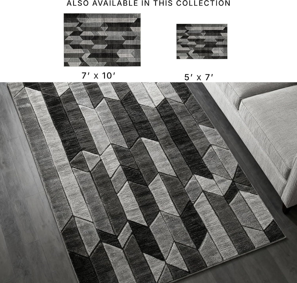 Signature Design by Ashley Chayse Geometric Area Rug, 7x10, Black & Gray | 100% polypropylene fiber, 12 mm medium pile height, Hand-carved multidimensional design, Large living room use, Spot clean