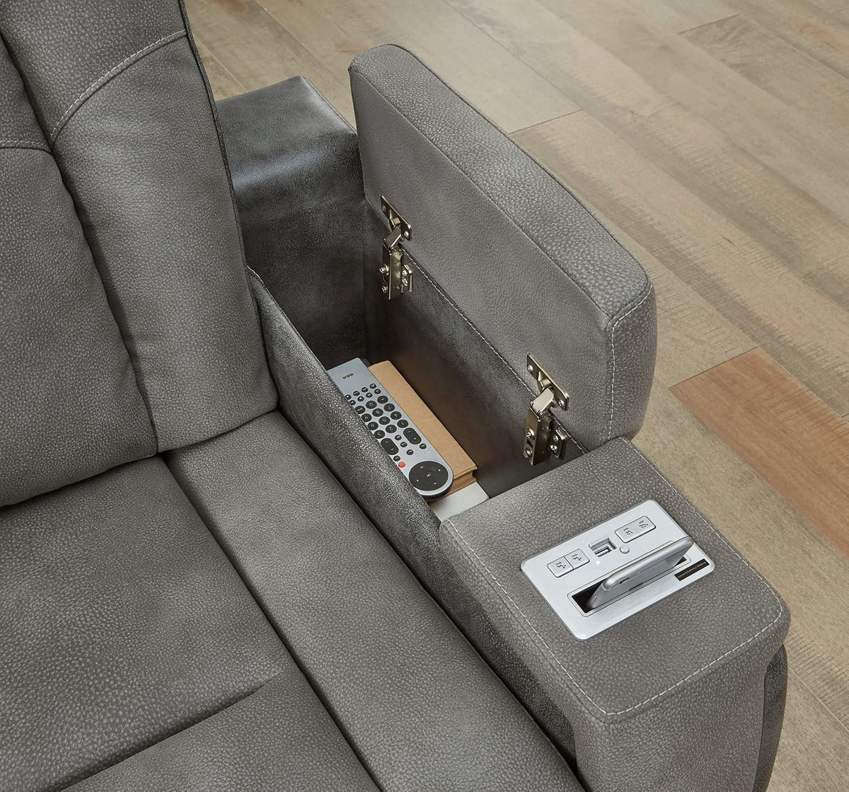 Signature Design by Ashley Power Reclining Loveseat with Console, Gray | Water-resistant faux leather, Zero-gravity recline, Easy View adjustable headrest, Wireless charging, Next-Gen Durapella