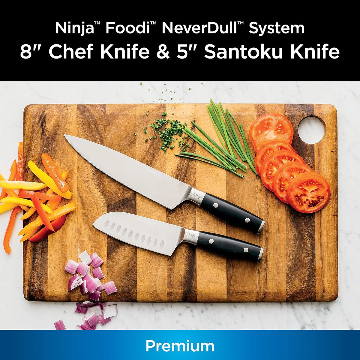 Ninja K32002 Foodi NeverDull System 2-Piece Chef Knife & Santoku Knife Set, Premium, German Stainless Steel, Black