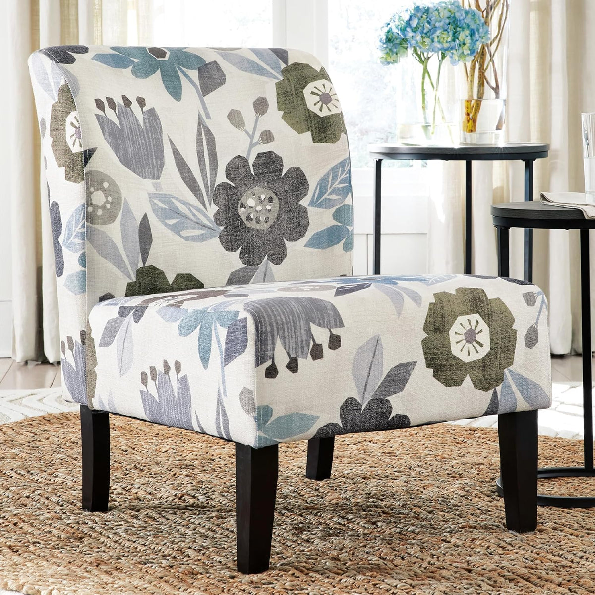 Signature Design by Ashley Armless Accent Chair, Ivory & Blue Floral | Compact profile for small spaces, 100% polyester upholstery, Sturdy black-finished wood legs, Triptis Series