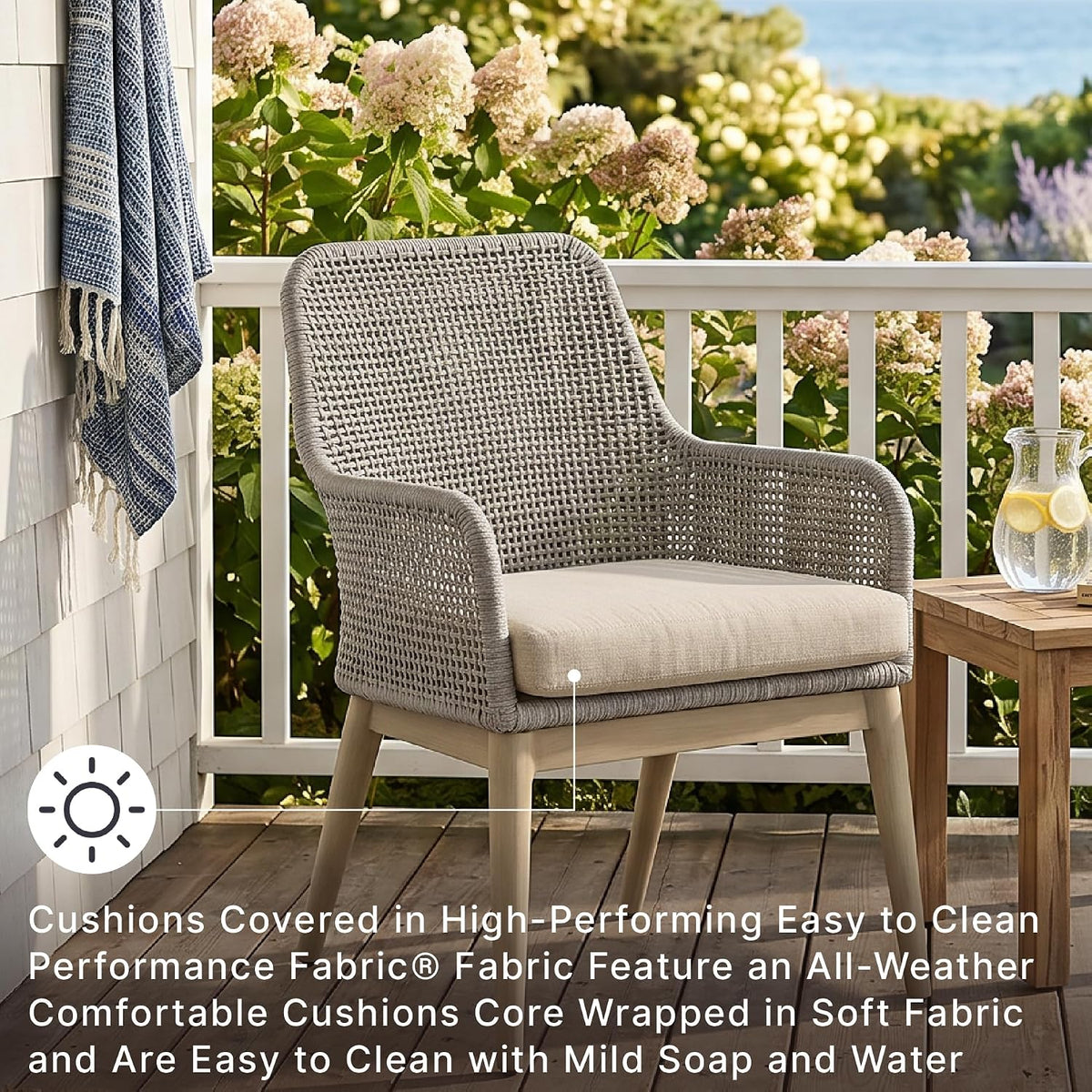 Signature Design by Ashley Seton Creek Cottage Nuvella Weather Resistant Fabric Outdoor Dining Arm Chair with Cushion, Set of 2, Light Brown & Light Gray