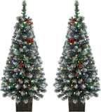 HOMCOM 4ft Pre-Lit Slim Artificial Christmas Tree Set of 2, 100 LED Lights