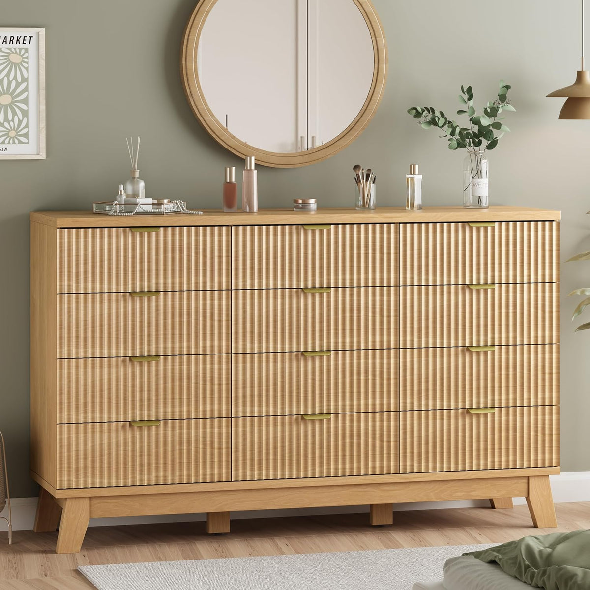 Xixini Fluted Dresser for Bedroom with 9 Drawers, 57" Wide Modern Chest of Drawers with Metal Handle, Wooden Dresser TV Stand, Wood Closet Clothes Storage Organizer for Living Room, Hallway, Walnut