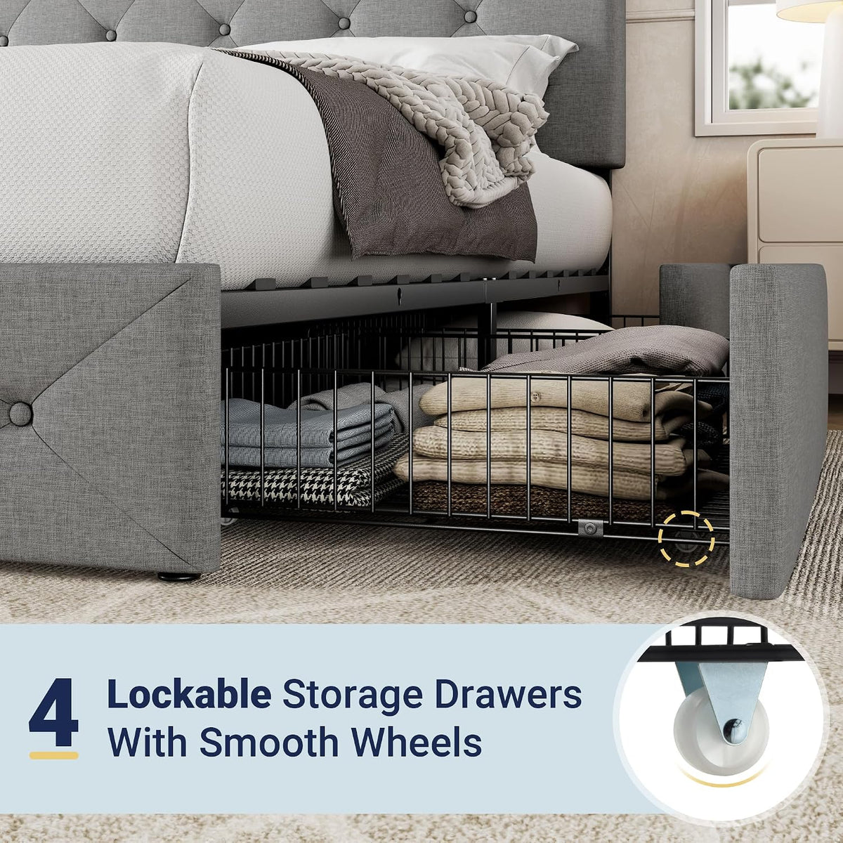 Allewie Queen Size Storage Bed Frame with 4 Underbed Drawers, Upholstered Platform Bed with Adjustable Headboard, Diamond Button Tufted, Easy Assembly, Noise-Free, No Box Spring Needed, Light Grey