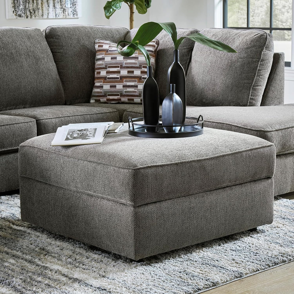 Signature Design by Ashley Putty Grey Ottoman with Storage | Square storage ottoman with reversible tray top and built-in cup holders, Putty grey herringbone chenille, O'Phannon Series