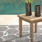 Signature Design by Ashley Gerianne Outdoor End Table, Eucalyptus Wood | Weather-resistant 5-step protective coating, Spacious 24-inch square slatted top, Sturdy 22-pound frame with tapered legs
