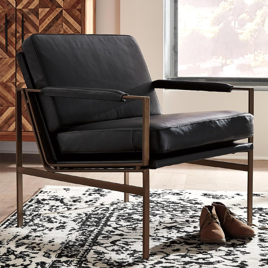 Signature Design by Ashley Puckman Modern Black Leather Accent Chair | Premium combination of leather and faux leather with polished nickel-tone frame, Urban industrial design