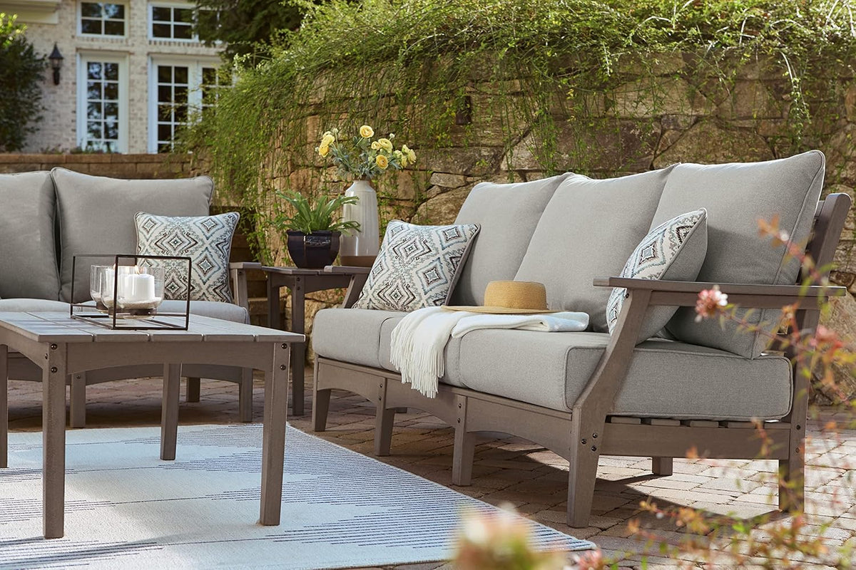 Signature Design by Ashley Visola 80"W 3-Seat Outdoor Patio Sofa, HDPE Wood Look, Couch with Performance Cushions for Deck Furniture, Gray