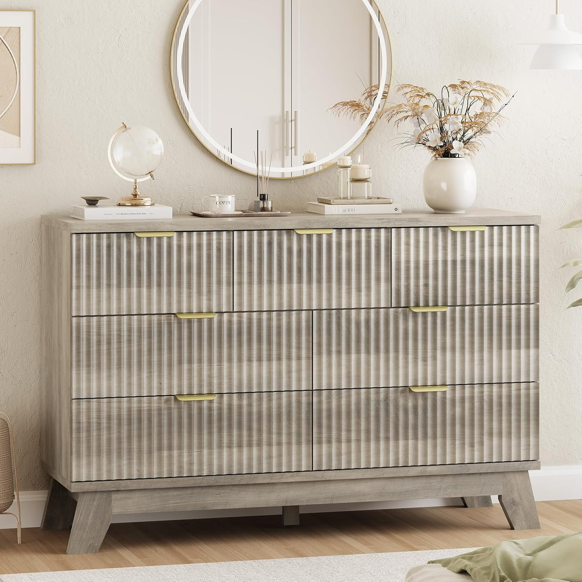 Xixini Fluted Dresser for Bedroom with 9 Drawers, 57" Wide Modern Chest of Drawers with Metal Handle, Wooden Dresser TV Stand, Wood Closet Clothes Storage Organizer for Living Room, Hallway, Walnut