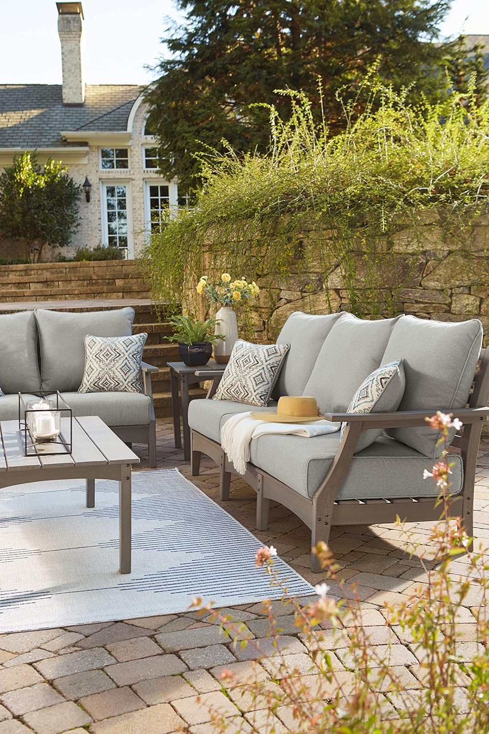 Signature Design by Ashley Visola 80"W 3-Seat Outdoor Patio Sofa, HDPE Wood Look, Couch with Performance Cushions for Deck Furniture, Gray