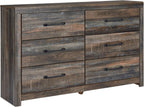 Signature Design by Ashley Rustic 6 Drawer Bedroom Dresser, Drystan | Faux linen drawer lining, Rustic brown finish with subtle teal accents, Sturdy 59-inch wide engineered wood frame