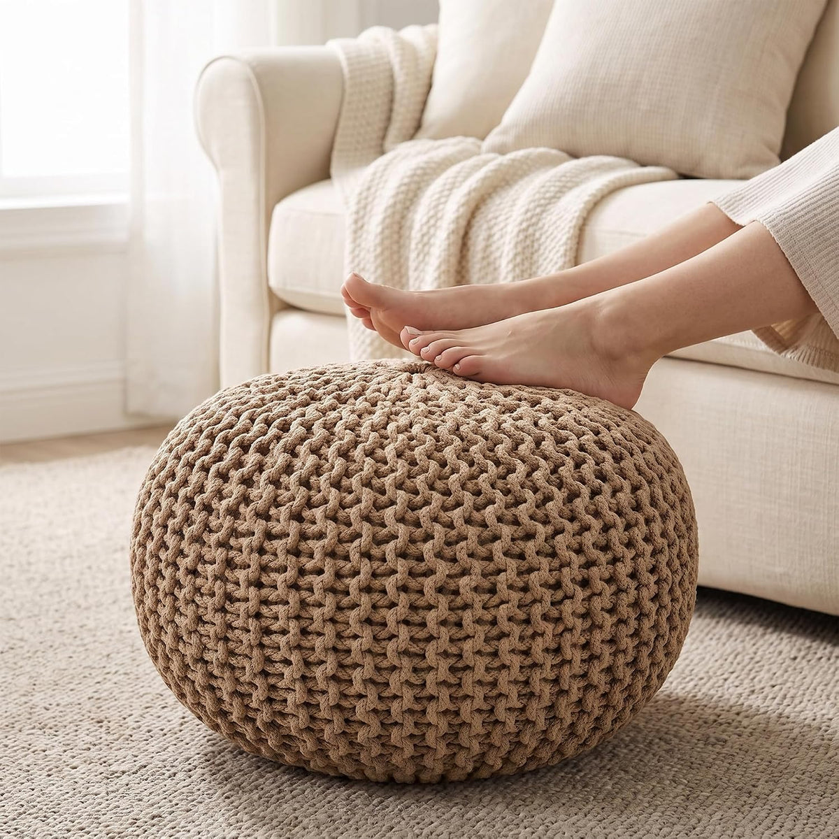 · REDEARTH · Round Pouf Ottoman - Hand Knitted Boho Poof Footrest - Ivory
