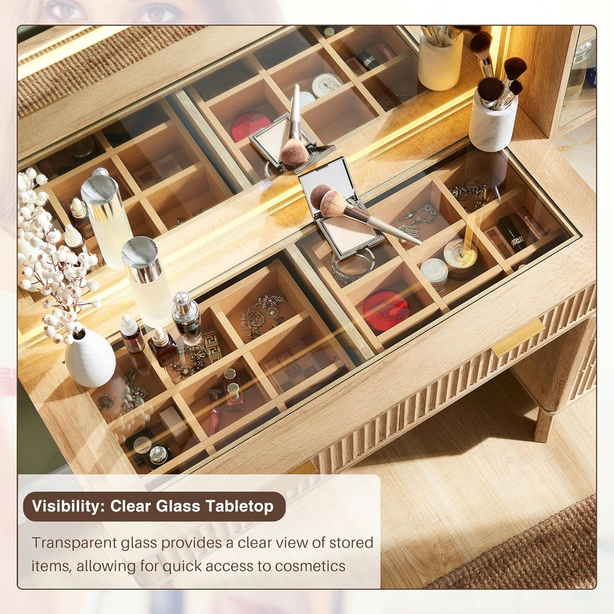T4TREAM 48" Fluted Makeup Vanity Desk with 36" Lighted Mirror, Oak