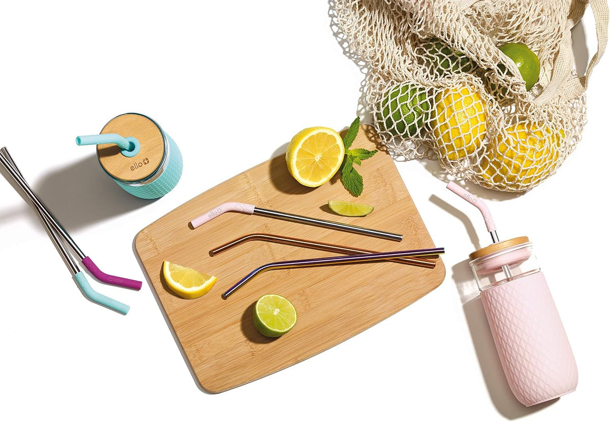 Ello Impact Reusable Stainless Steel Straws with Brush, 4 Pc, June Breeze