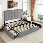 Allewie Queen Size Storage Bed Frame with 4 Underbed Drawers, Upholstered Platform Bed with Adjustable Headboard, Square Button Tufted, Easy Assembly, Noise-Free, No Box Spring Needed, Light Grey