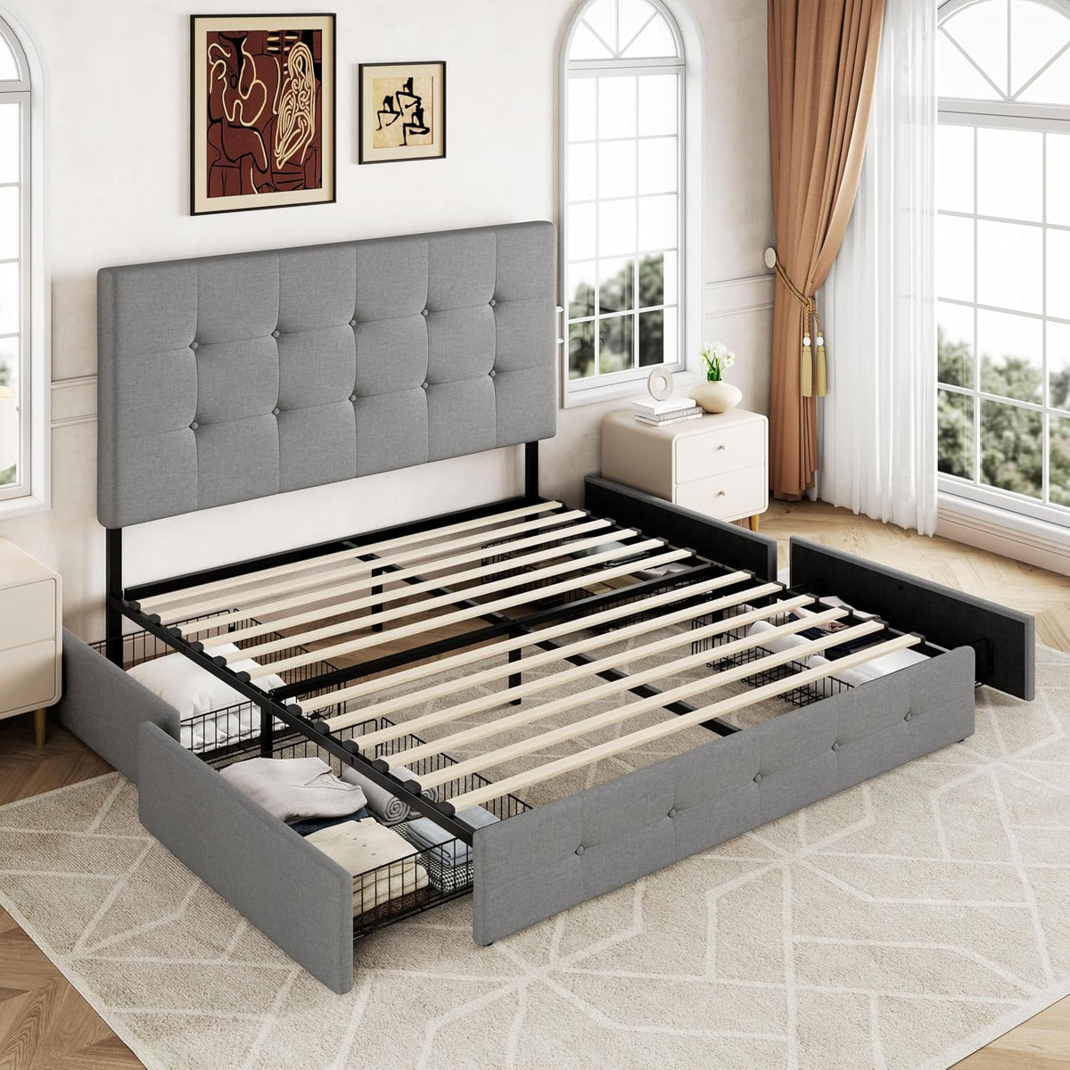 Allewie Queen Size Storage Bed Frame with 4 Underbed Drawers, Upholstered Platform Bed with Adjustable Headboard, Square Button Tufted, Easy Assembly, Noise-Free, No Box Spring Needed, Light Grey