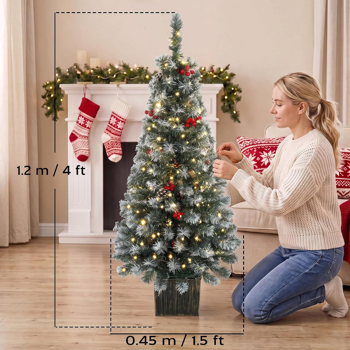 HOMCOM 4ft Pre-Lit Slim Artificial Christmas Tree Set of 2, 100 LED Lights